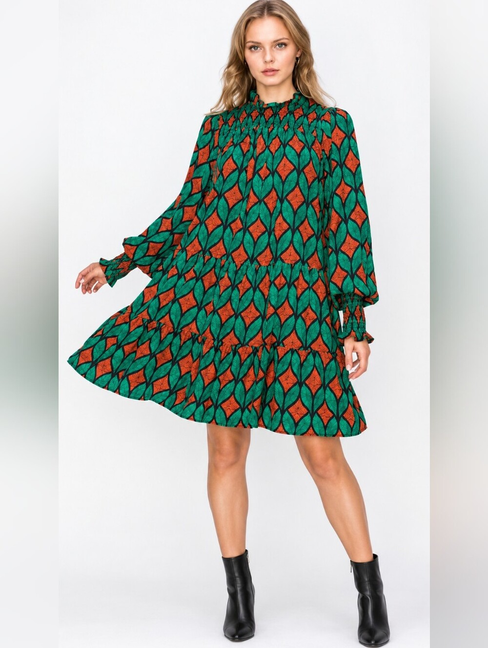MELLODAY Green & Red Geometric Long-Sleeve Kids Dress